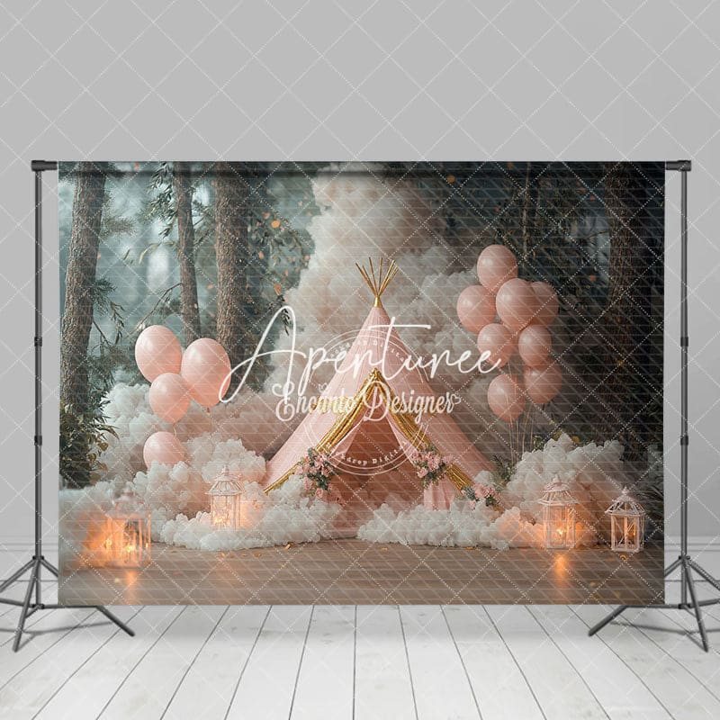 Aperturee - Aperturee Pink Forest Tent Birthday Cake Smash Photo Backdrop