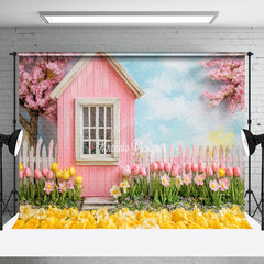 Aperturee - Aperturee Pink Garden House Spring Floral Scenery Backdrop