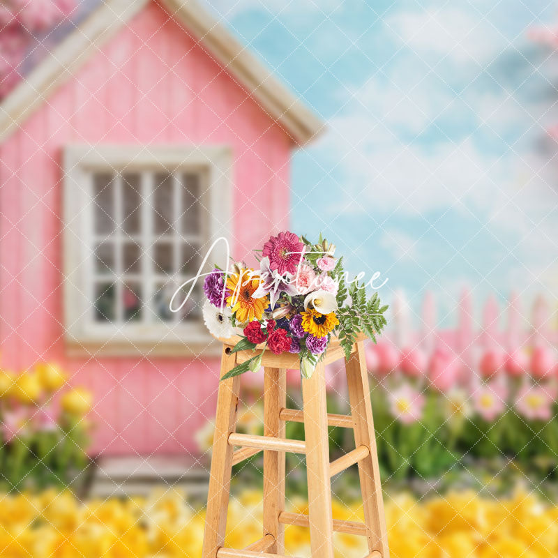 Aperturee - Aperturee Pink Garden House Spring Floral Scenery Backdrop