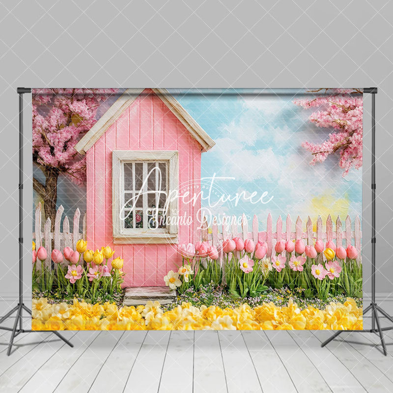 Aperturee - Aperturee Pink Garden House Spring Floral Scenery Backdrop