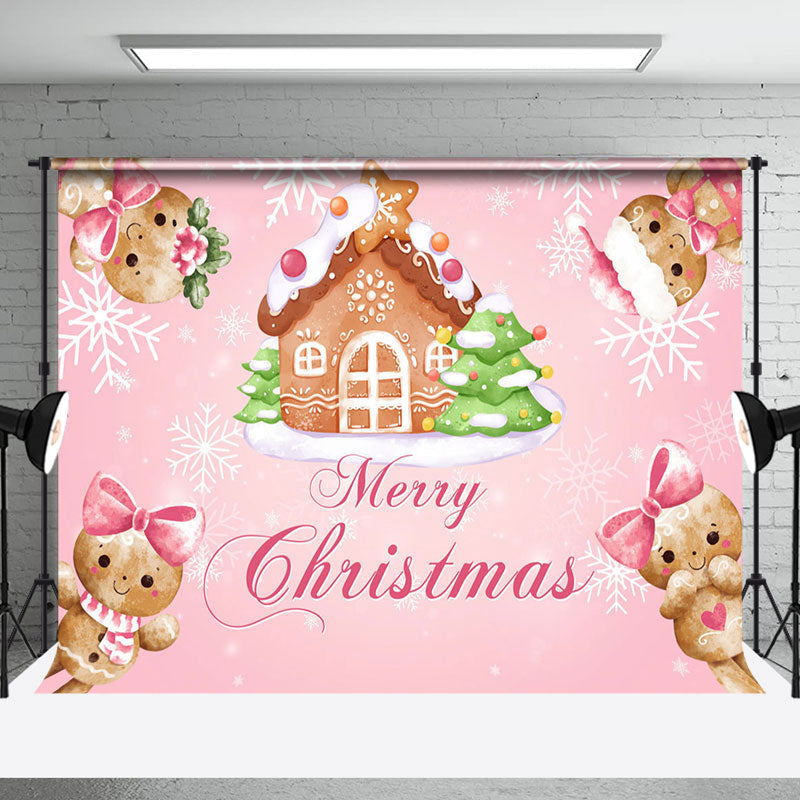 Aperturee - Aperturee Pink Gingerbread House Merry Christmas Backdrop