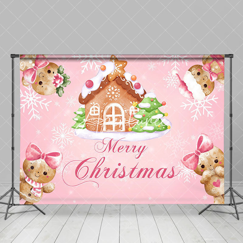 Aperturee - Aperturee Pink Gingerbread House Merry Christmas Backdrop