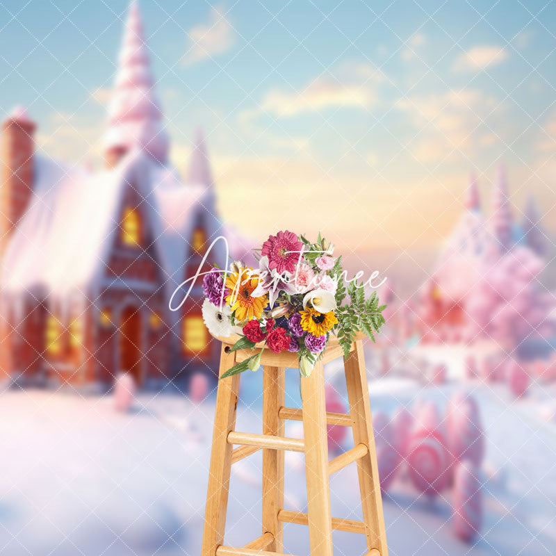 Aperturee - Aperturee Pink Gingerbread House Sweetie Candy Winter Backdrop