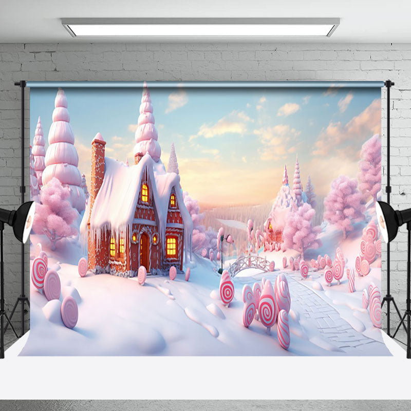 Aperturee - Aperturee Pink Gingerbread House Sweetie Candy Winter Backdrop