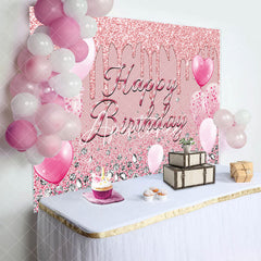 Aperturee - Aperturee Pink Glitter Balloon Diamond Happy Birthday Backdrop