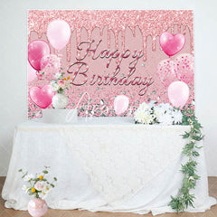 Aperturee - Aperturee Pink Glitter Balloon Diamond Happy Birthday Backdrop