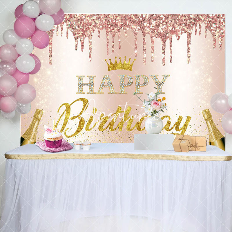 Aperturee - Aperturee Pink Glitter Crown Champagne Happy Birthday Backdrop