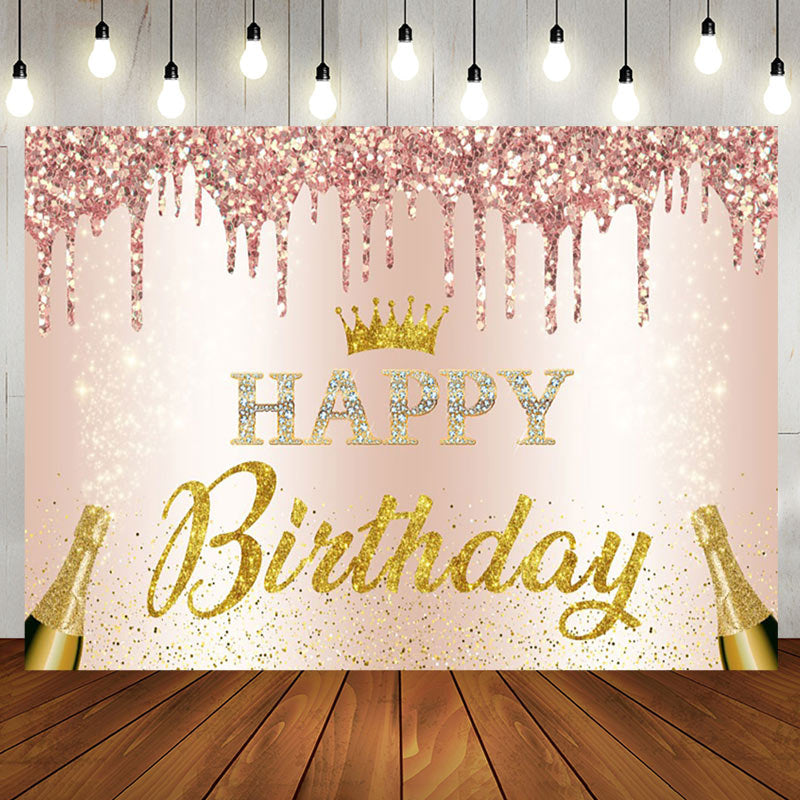 Aperturee - Aperturee Pink Glitter Crown Champagne Happy Birthday Backdrop