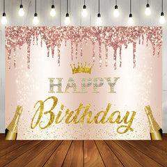 Aperturee - Aperturee Pink Glitter Crown Champagne Happy Birthday Backdrop