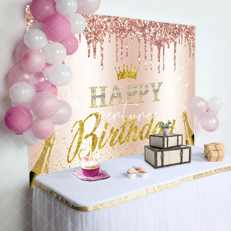 Aperturee - Aperturee Pink Glitter Crown Champagne Happy Birthday Backdrop