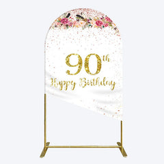 Aperturee - Aperturee Pink Glitter Floral Gold 90th Birthday Arch Backdrop