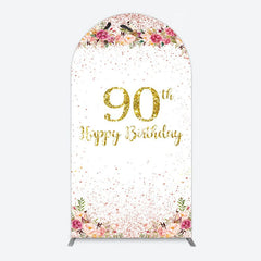 Aperturee - Aperturee Pink Glitter Floral Gold 90th Birthday Arch Backdrop