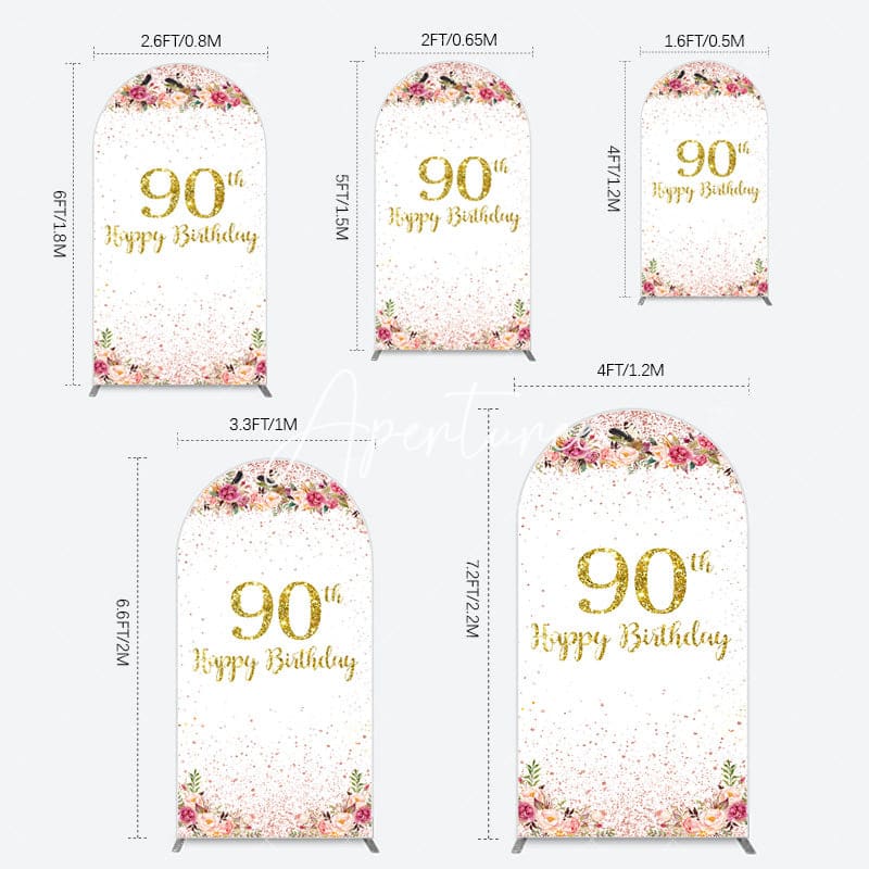 Aperturee - Aperturee Pink Glitter Floral Gold 90th Birthday Arch Backdrop