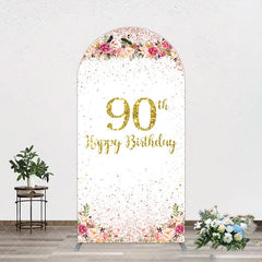 Aperturee - Aperturee Pink Glitter Floral Gold 90th Birthday Arch Backdrop