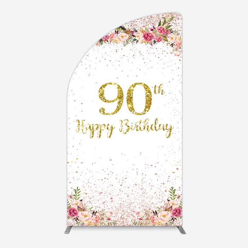 Aperturee - Aperturee Pink Glitter Floral Gold 90th Birthday Half Moon Arch Backdrop