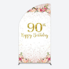 Aperturee - Aperturee Pink Glitter Floral Gold 90th Birthday Half Moon Arch Backdrop