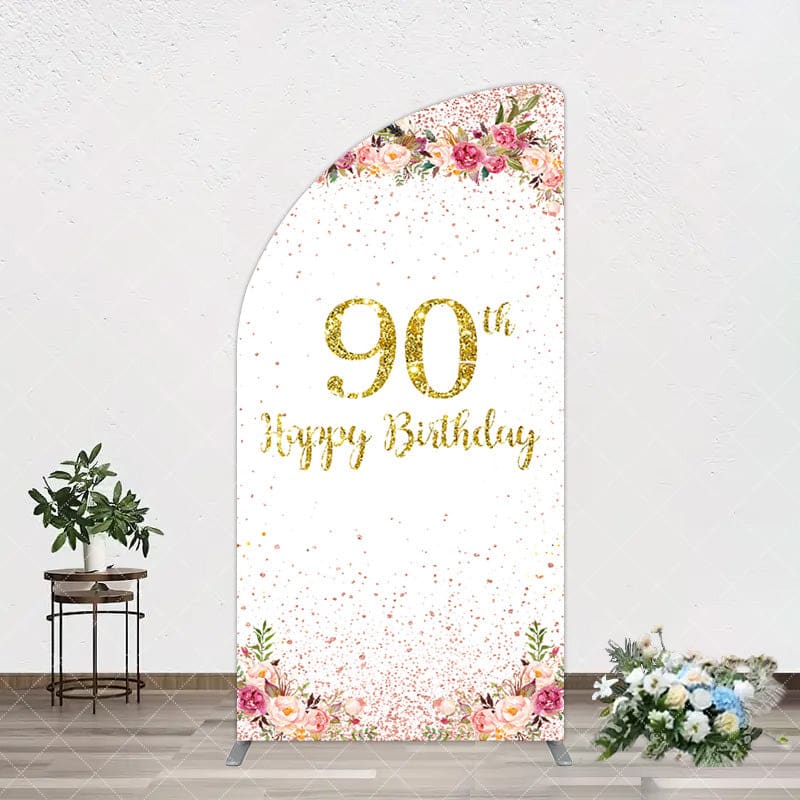 Aperturee - Aperturee Pink Glitter Floral Gold 90th Birthday Half Moon Arch Backdrop