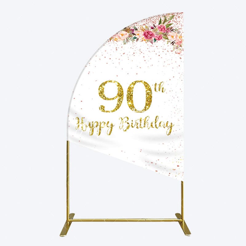 Aperturee - Aperturee Pink Glitter Floral Gold 90th Birthday Half Moon Arch Backdrop