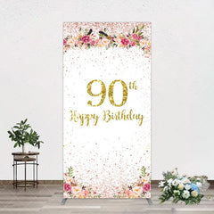 Aperturee - Aperturee Pink Glitter Floral Gold 90th Birthday Rectangle Backdrop