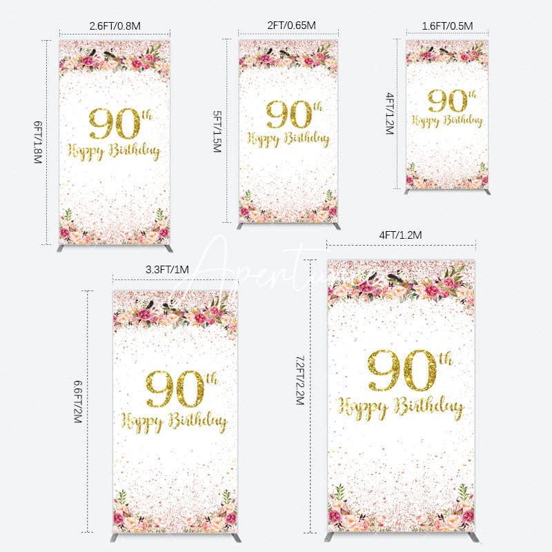 Aperturee - Aperturee Pink Glitter Floral Gold 90th Birthday Rectangle Backdrop