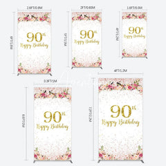 Aperturee - Aperturee Pink Glitter Floral Gold 90th Birthday Rectangle Backdrop