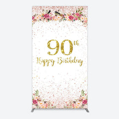 Aperturee - Aperturee Pink Glitter Floral Gold 90th Birthday Rectangle Backdrop