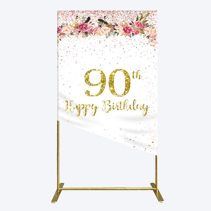 Aperturee - Aperturee Pink Glitter Floral Gold 90th Birthday Rectangle Backdrop