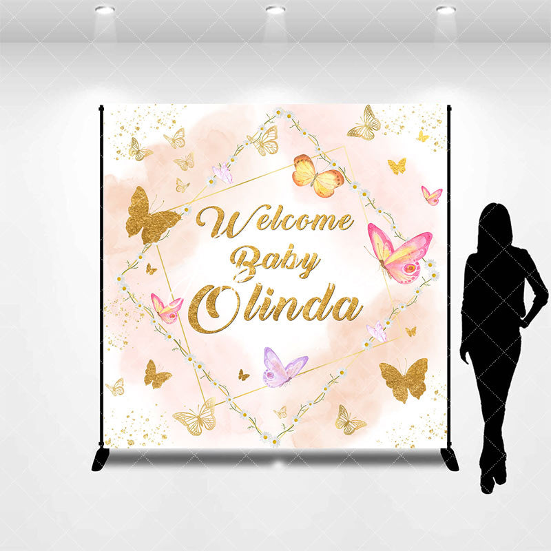 Aperturee - Aperturee Pink Gold Butterfly Custom Name Baby Shower Backdrop