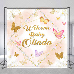 Aperturee - Aperturee Pink Gold Butterfly Custom Name Baby Shower Backdrop