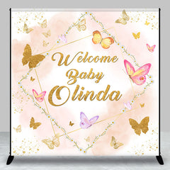 Aperturee - Aperturee Pink Gold Butterfly Custom Name Baby Shower Backdrop