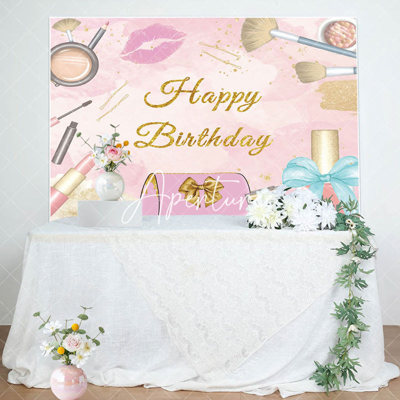 Aperturee - Aperturee Pink Gold Glitter Girls Cosmetics Birthday Backdrop