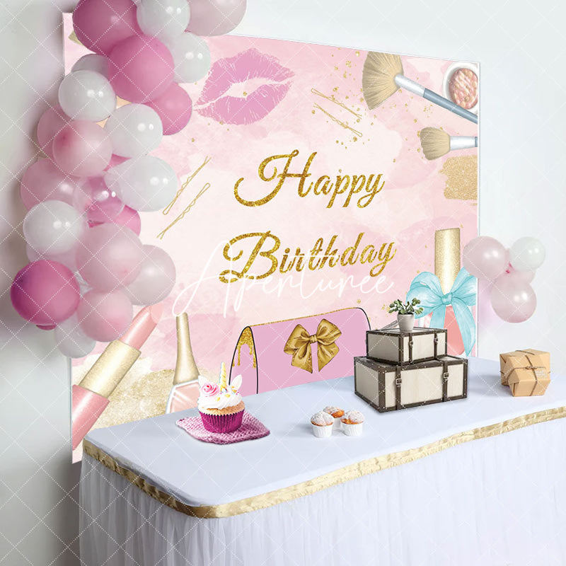 Aperturee - Aperturee Pink Gold Glitter Girls Cosmetics Birthday Backdrop