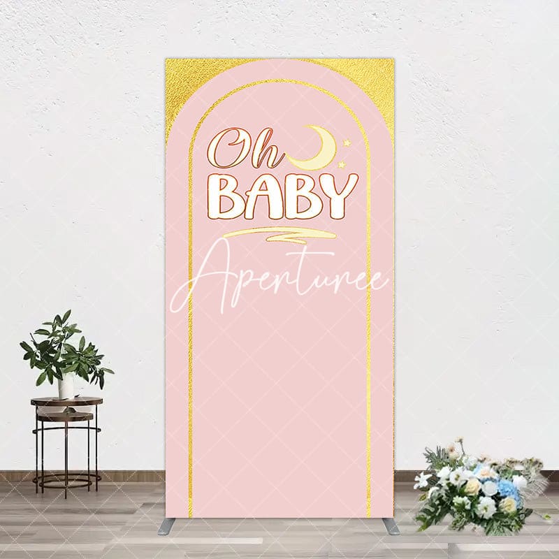 Aperturee - Aperturee Pink Gold Glitter Moon Baby Shower Rectangle Backdrop