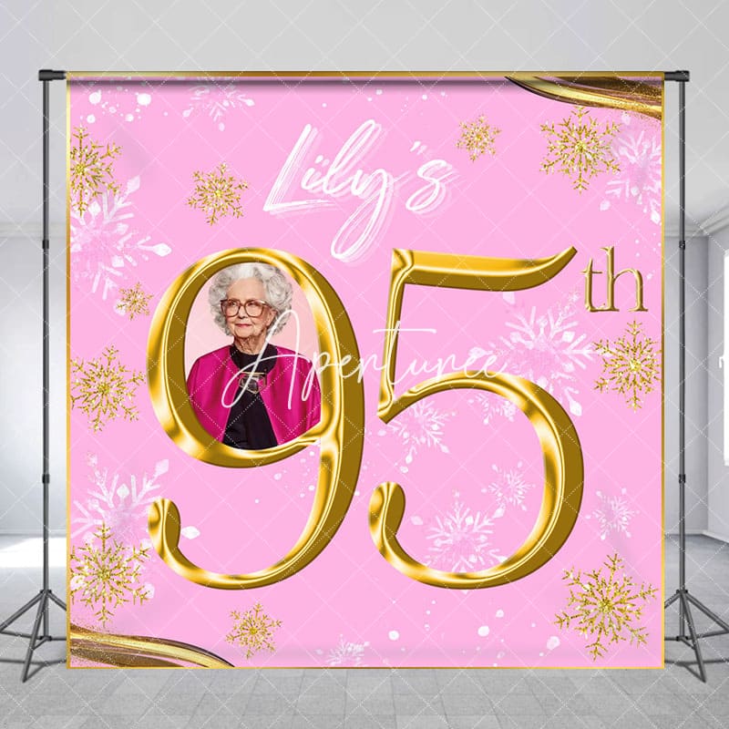 Aperturee - Aperturee Pink Gold Snowflake Custom Photo Birthday Backdrop