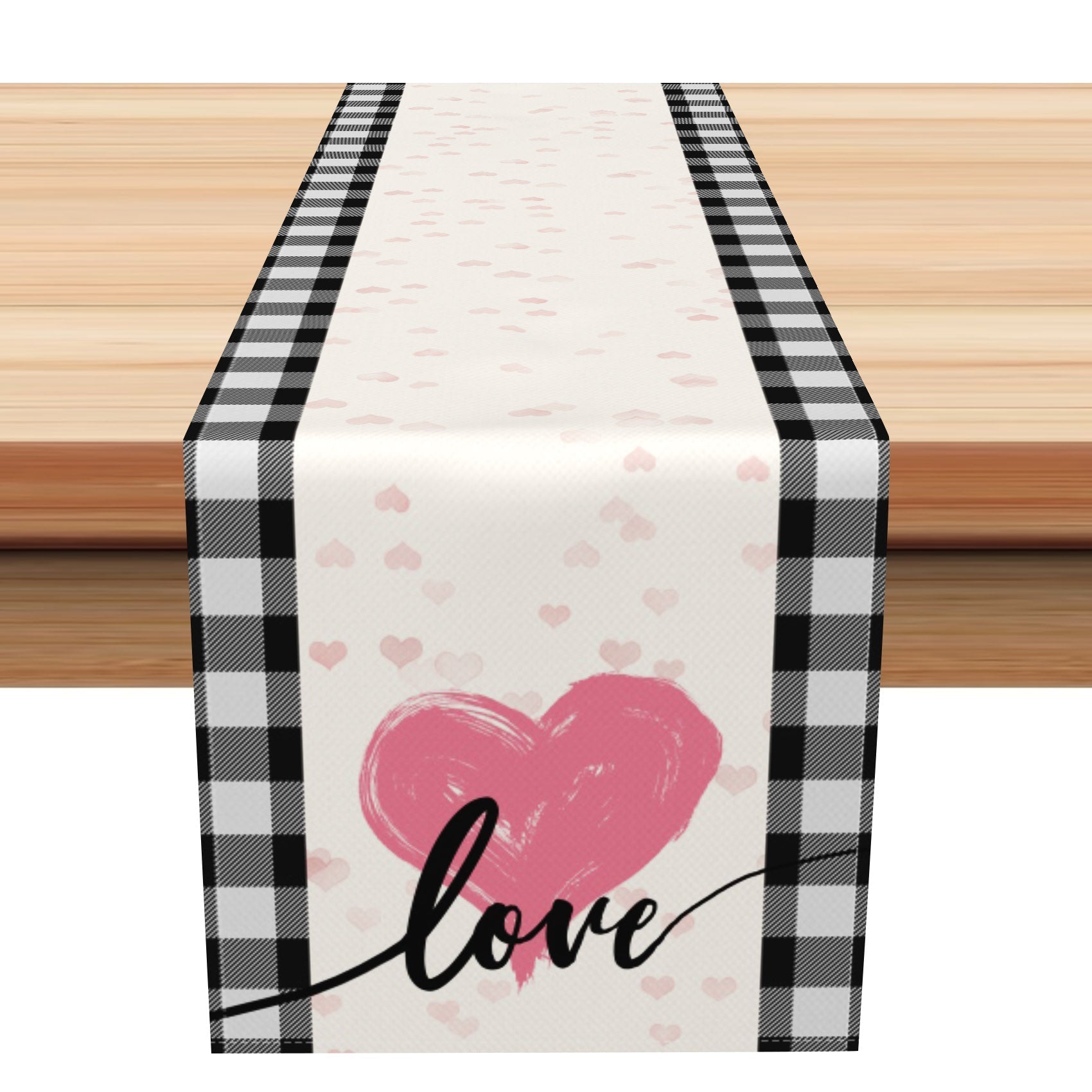 Aperturee - Aperturee Pink Heart Black Plaid Valentines Day Table Runner