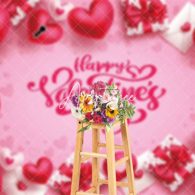 Aperturee - Aperturee Pink Heart Gift Box Valentine’S Day Phrase Backdrop