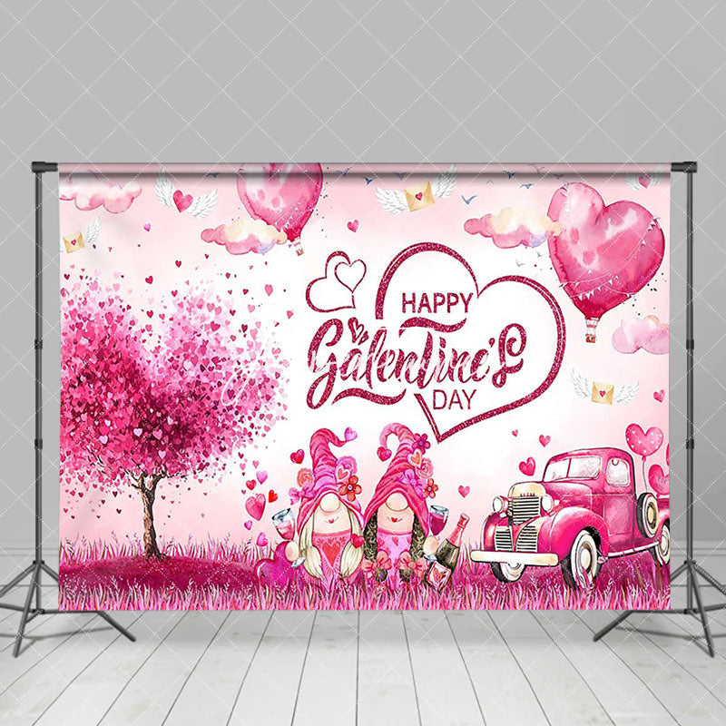 Aperturee - Aperturee Pink Hearts Gnome Car Happy Galentines Day Backdrop