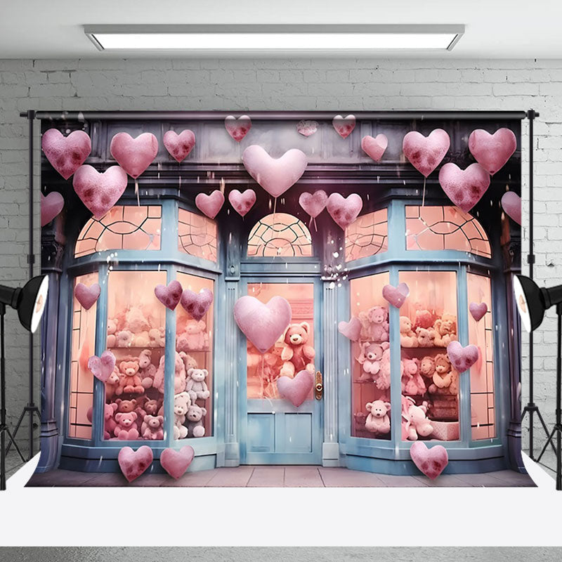 Aperturee - Aperturee Pink Hearts Teddy Bear Store Valentines Day Backdrop