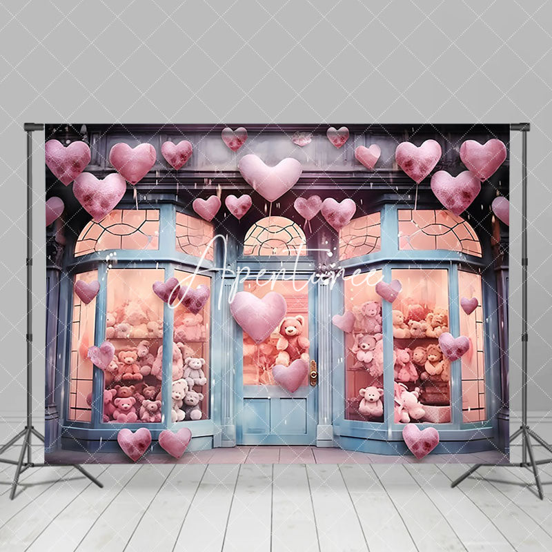 Aperturee - Aperturee Pink Hearts Teddy Bear Store Valentines Day Backdrop