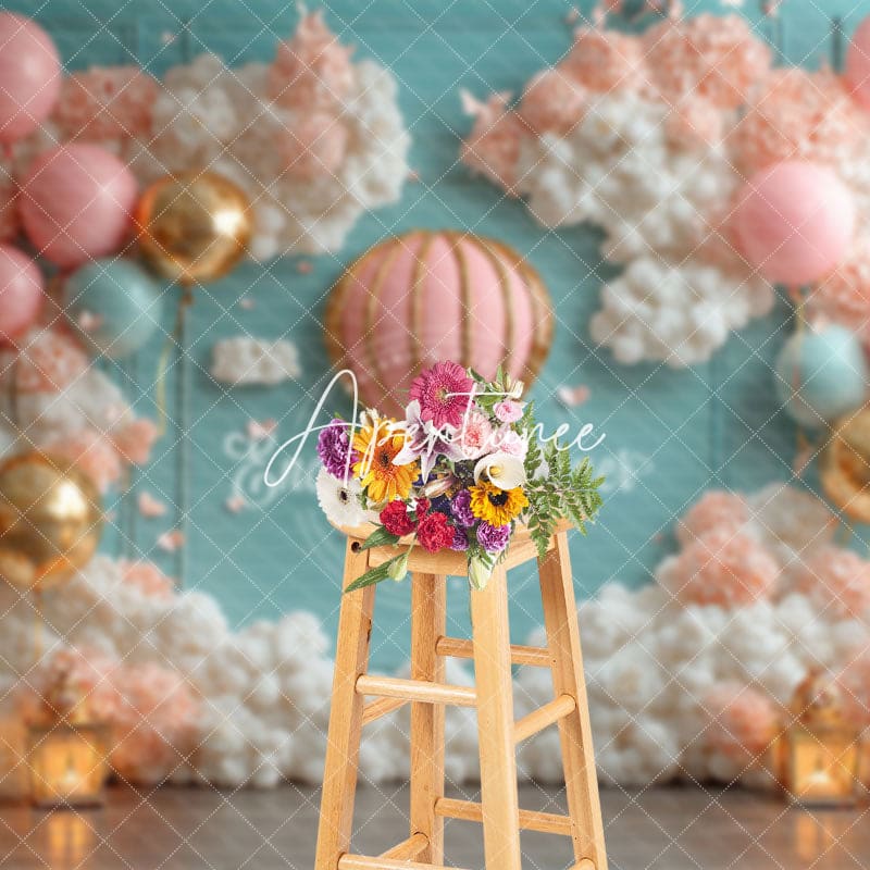 Aperturee - Aperturee Pink Hot Air Balloon Birthday Photography Backdrop