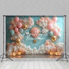 Aperturee - Aperturee Pink Hot Air Balloon Birthday Photography Backdrop