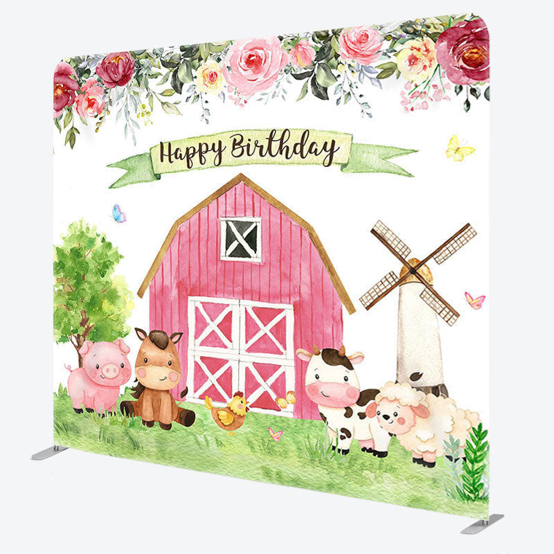 Aperturee - Aperturee Pink House Animals Fabric Backdrop Cover for Birthday