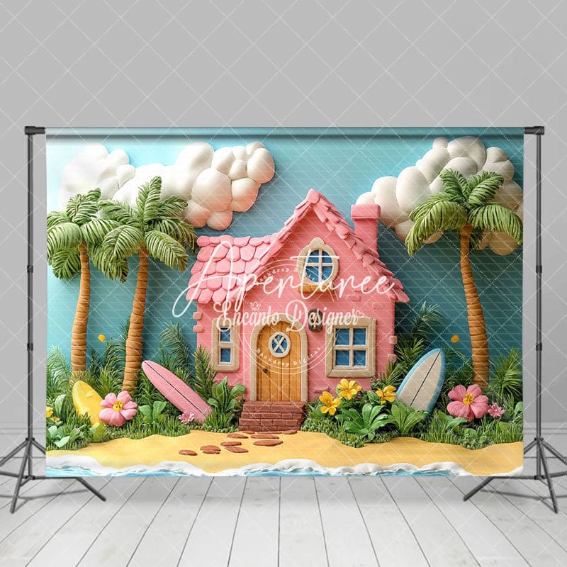 Aperturee - Aperturee Pink House Coconut Tree Summer Photo Backdrop