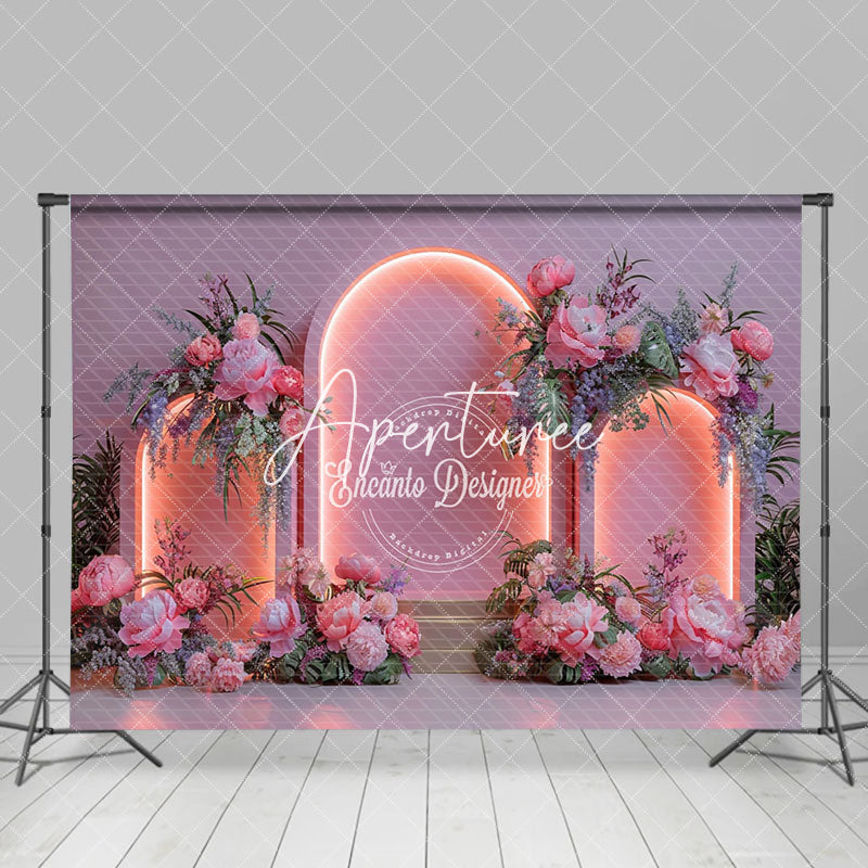 Aperturee - Aperturee Pink Light Arch Wall Romantic Floral Wedding Backdrop