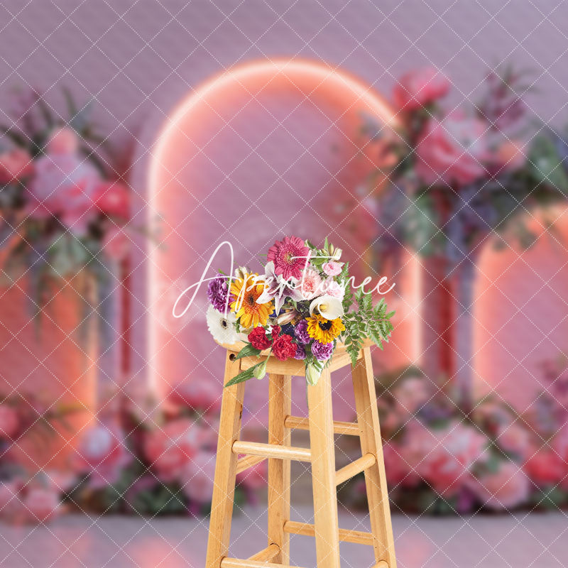 Aperturee - Aperturee Pink Light Arch Wall Romantic Floral Wedding Backdrop