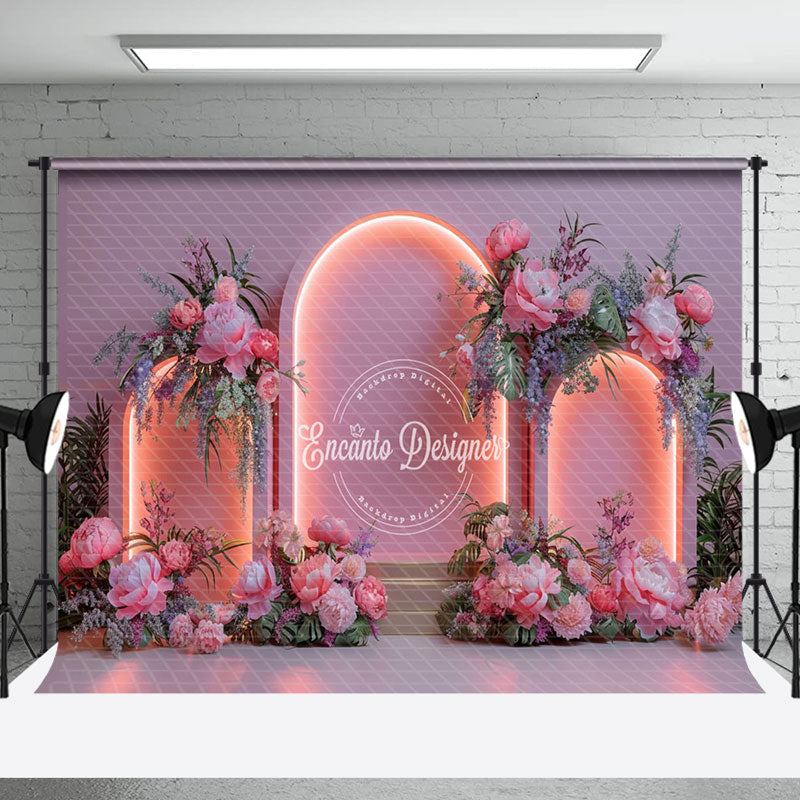 Aperturee - Aperturee Pink Light Arch Wall Romantic Floral Wedding Backdrop