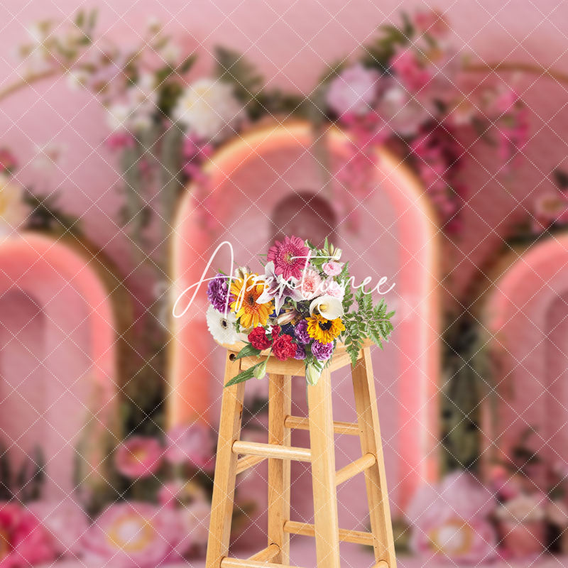 Aperturee - Aperturee Pink Lighted Arch Greenery Floral Wedding Backdrop