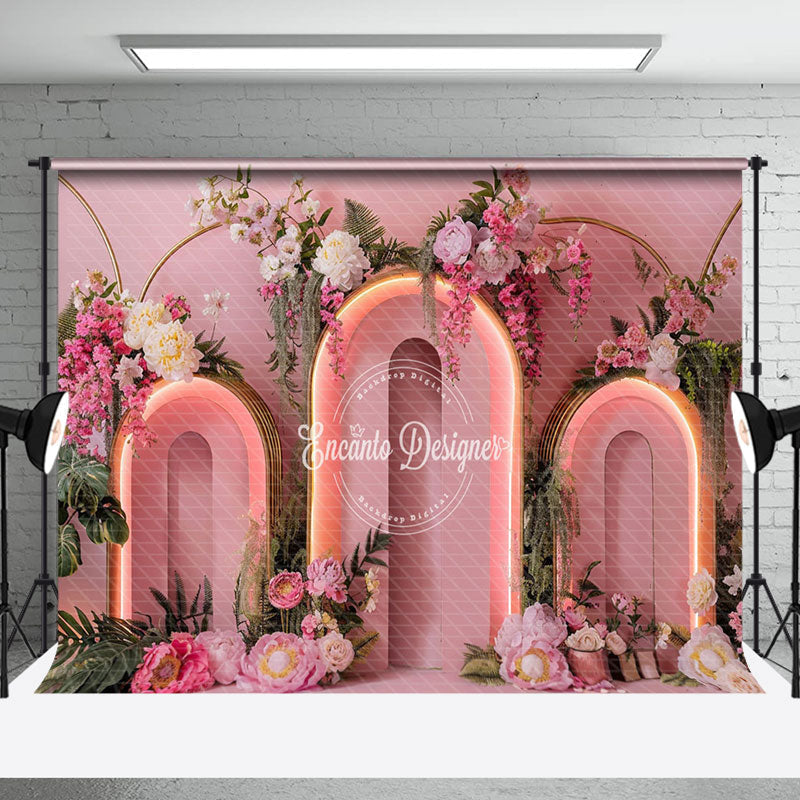 Aperturee - Aperturee Pink Lighted Arch Greenery Floral Wedding Backdrop