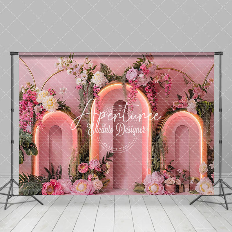 Aperturee - Aperturee Pink Lighted Arch Greenery Floral Wedding Backdrop