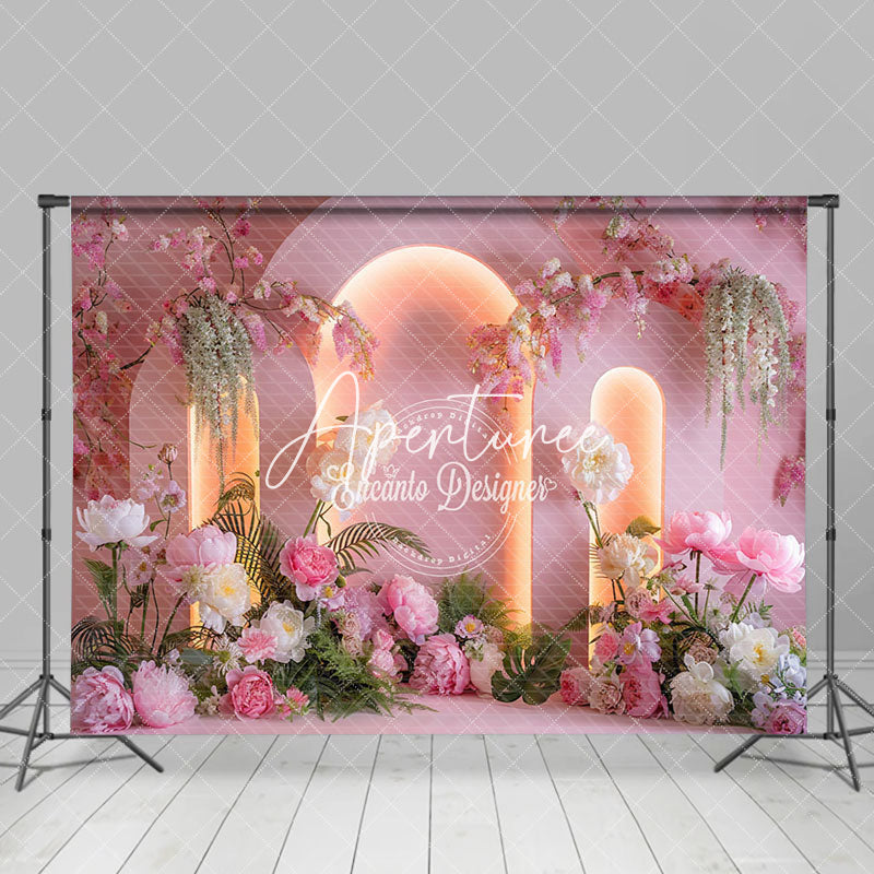 Aperturee - Aperturee Pink Lighted Arch Plant Floral Wedding Photo Backdrop